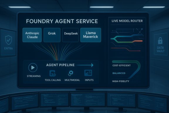 Blue sci‑fi dashboard labeled 'Foundry Agent Service' showing agent options and an Agent Pipeline.