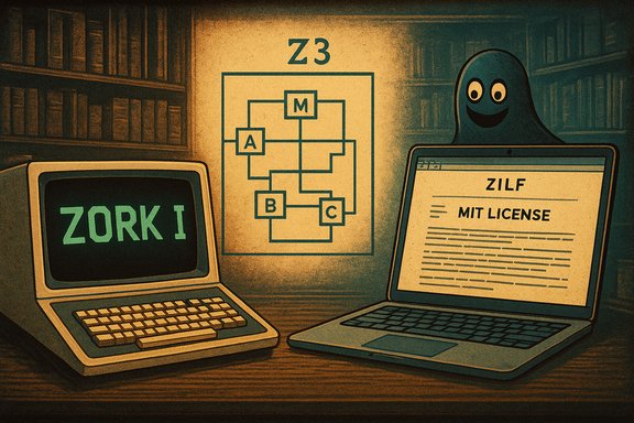Retro computer setup: ZORK I, a Z3 diagram poster, MIT LICENSE on a laptop, and a friendly ghost.