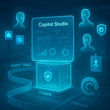 Blue holographic Copilot Studio dashboard with analytics, audit trail, and security icons.