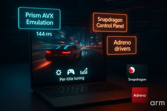 Laptop screen shows a neon-lit racing game with Prism AVX Emulation, Snapdragon control pane, and Adreno drivers.
