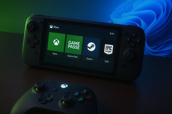 A Nintendo Switch displays Xbox, Game Pass, Steam, and Epic Games tiles on its screen.