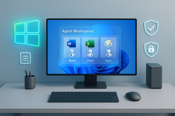 Modern desk setup with a monitor showing Agent Workspaces apps (Word, Excel, Paint) and neon wall icons.