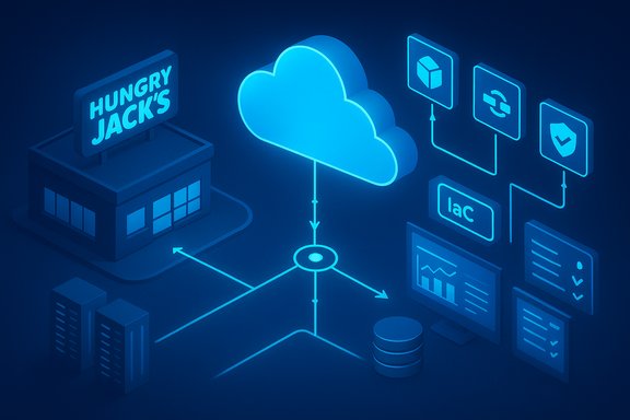 Blue neon cloud computing diagram connecting Hungry Jack's to data storage and apps.