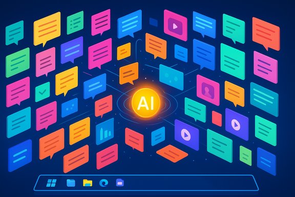 Glowing AI hub at center, surrounded by colorful chat bubbles in a futuristic digital network.