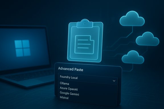 Neon holographic clipboard displays 'Advanced Paste' AI options over a cloud network. Neon holographic clipboard displays 'Advanced Paste' AI options over a cloud network.