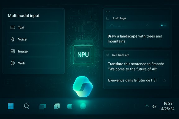 A futuristic AI dashboard showing multimodal inputs (Text, Voice, Image, Web) beside a glowing NPU chip.