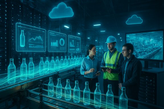 Three workers inspect holographic dashboards as bottles glide along a high-tech bottling line.