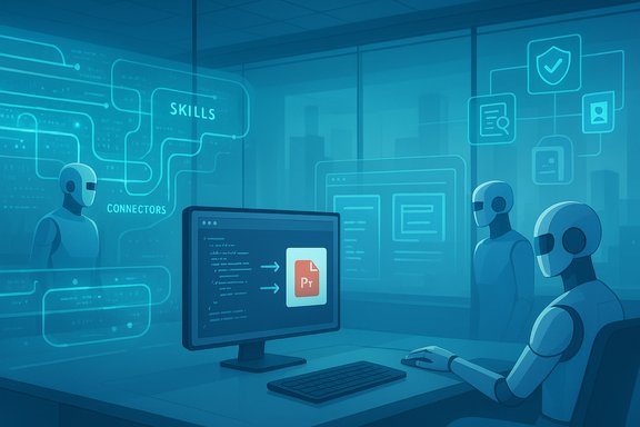 Futuristic office where robots work at a computer amid holographic skills and connectors visuals.