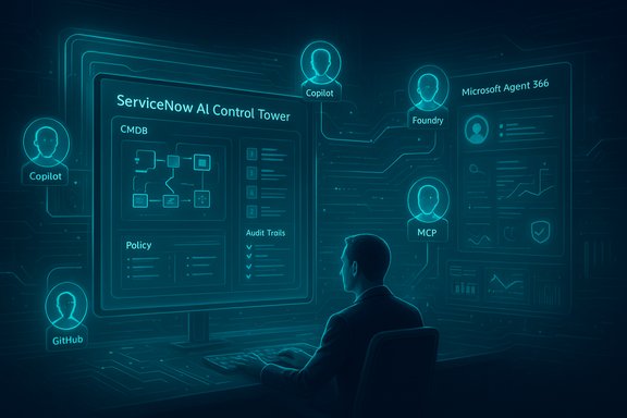 A person monitors a holographic ServiceNow AI Control Tower dashboard.