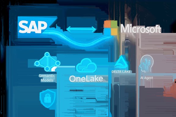 SAP and Microsoft connect with a blue wave, highlighting OneLake, Delta Lake, AI Agent, and semantic models.