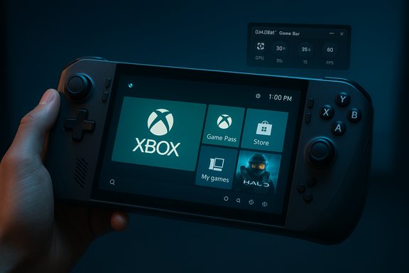 A handheld gaming device displaying the Xbox home screen with tiles for Game Pass, Store, and Halo.
