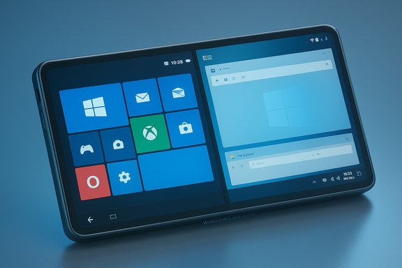 A dual-screen device running Windows on ARM, displaying a tiled Start screen beside split windows.