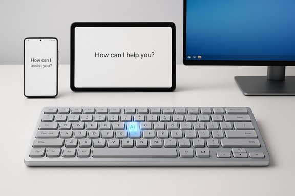 A sleek keyboard with a blue-lit AI key sits before a tablet and phone displaying “How can I help you?”