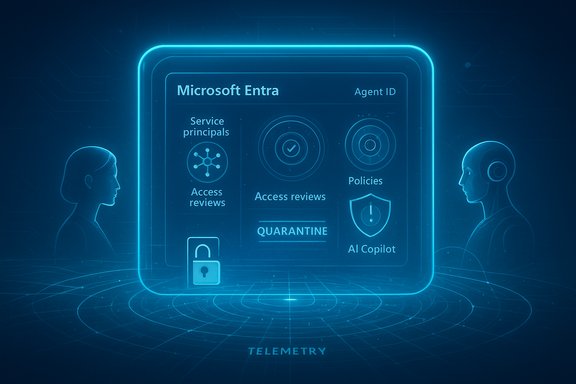 Futuristic holographic Microsoft Entra dashboard with access reviews, policies, and quarantine.