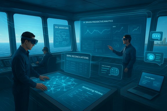 Crew on a futuristic ship bridge analyzes holographic AI analytics displays.