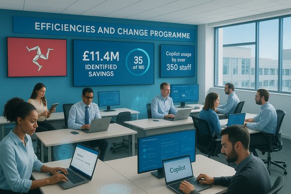 A team works on laptops in a bright office as a wall display shows the efficiencies and change programme.