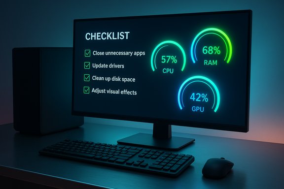 A desktop setup with a neon dashboard showing CPU, RAM, and GPU usage and a checklist on the screen.