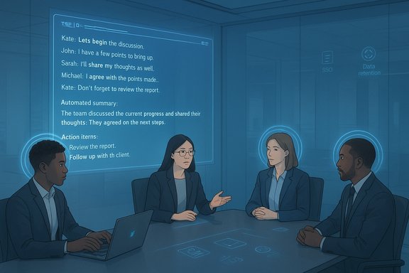 Haloed professionals discuss around a holographic display in a blue-tinted high-tech meeting room.