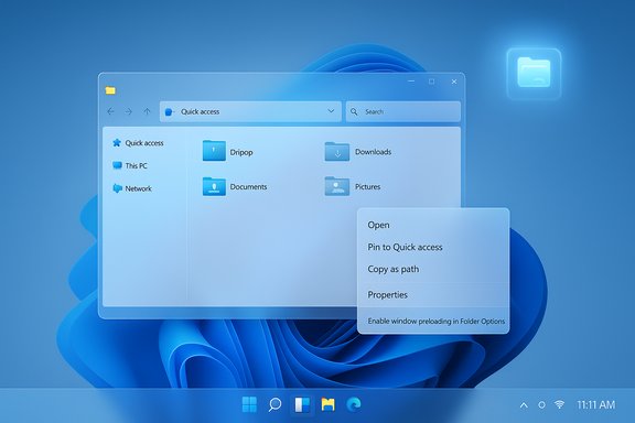 Blue Windows-like desktop with a floating File Explorer window and a context menu.