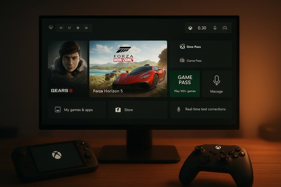 Xbox dashboard on a monitor showing Forza Horizon 5 and Gears 5 with Game Pass, beside a controller and handheld. Xbox dashboard on a monitor showing Forza Horizon 5 and Gears 5 with Game Pass, beside a controller and handheld.