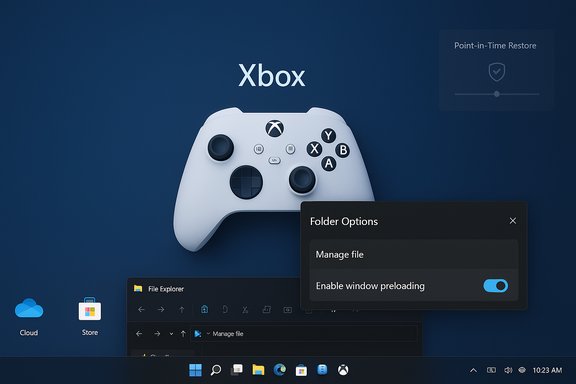 Xbox-themed desktop with a white controller on a blue background and Windows UI elements.