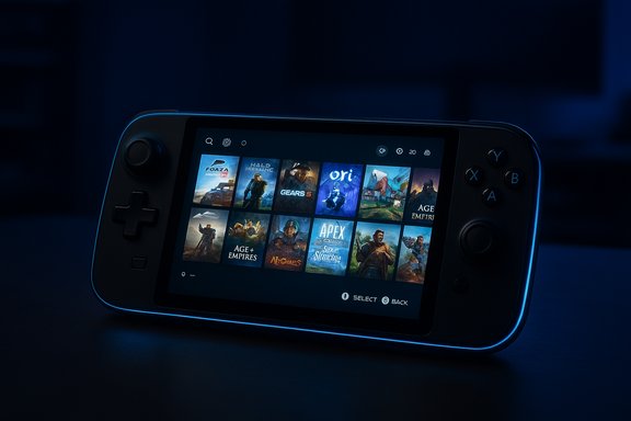 A handheld gaming console displays a grid of game covers on its screen, bathed in blue light.