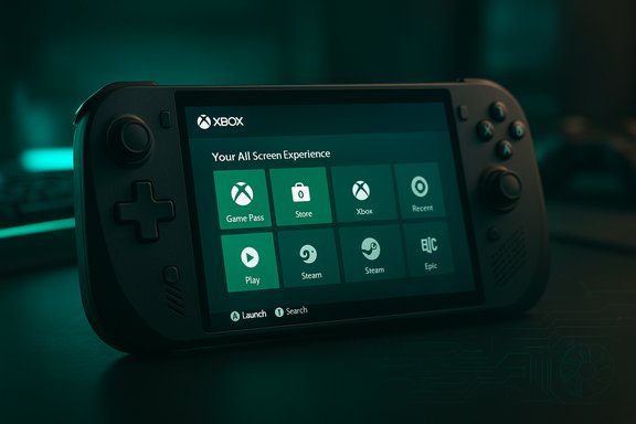 A handheld Xbox device displaying the Xbox UI with tile shortcuts like Game Pass, Store, and Steam.