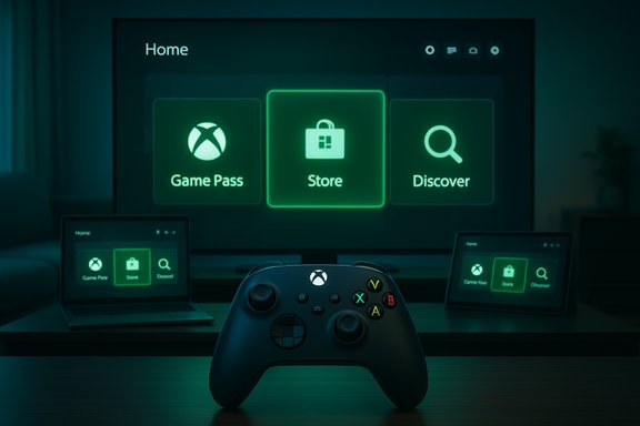 Neon-green Xbox Home menu displayed on a big screen with a controller in the foreground.