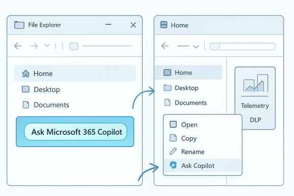 UI sketch showing clicking 'Ask Microsoft 365 Copilot' and selecting 'Ask Copilot'.