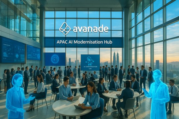 Professionals mingle at Avanade's APAC AI Modernisation Hub, beneath blue holograms and a city skyline.