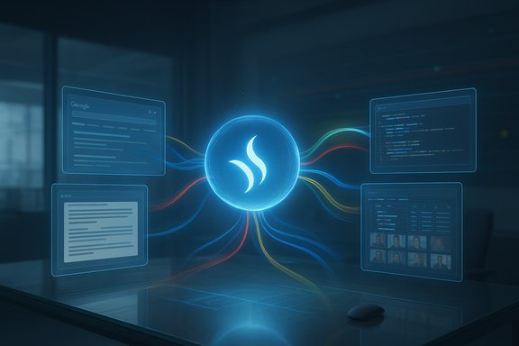 A neon-blue data hub connects floating holographic screens displaying code and profiles. A neon-blue data hub connects floating holographic screens displaying code and profiles.