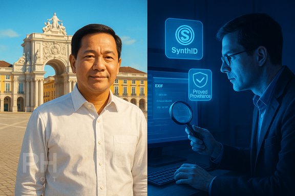 Split image: a man outdoors by a grand arch, and a tech analyst verifying digital provenance with SynthID.