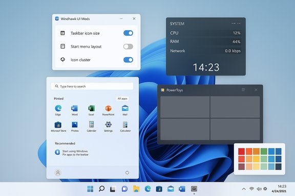 Windows 11 desktop with floating widgets: settings, system monitor, Start menu, PowerToys, and color palette.