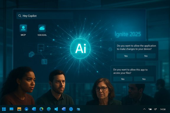 Three professionals watch a large screen displaying a futuristic AI interface with consent prompts.