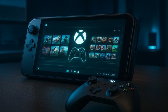 A handheld gaming device displays an Xbox-themed game library with a glowing controller outline under blue light.