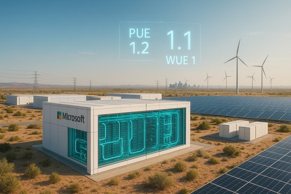 Microsoft data center in a desert, with solar panels, wind turbines, and a holographic efficiency readout.