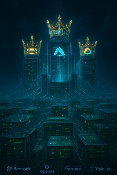 A neon data fortress crowned with AWS, Azure, and Google Cloud logos.