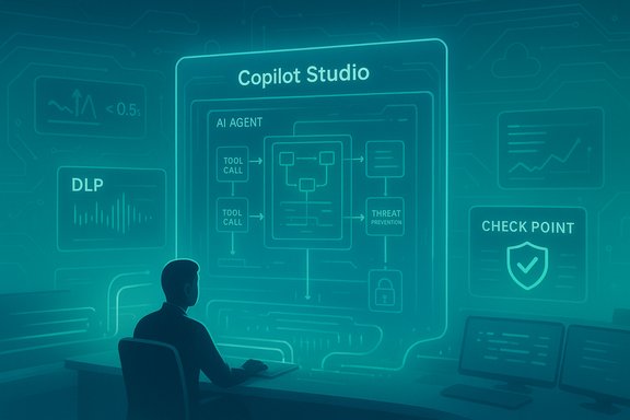 A person sits at a desk, monitoring holographic AI workflow diagrams labeled “Copilot Studio”.