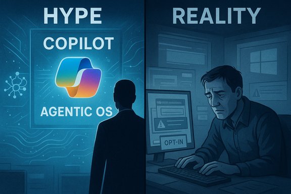 HYPE vs REALITY: Copilot OS promises ease, while a weary user battles the real workflow.