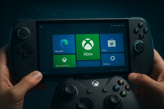 Hands hold a handheld console displaying a Windows/Xbox start screen with tiles. Hands hold a handheld console displaying a Windows/Xbox start screen with tiles.