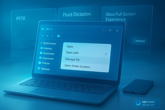 Blue-tinted laptop screen displaying a context menu: Open, Open with, Manage file, with floating app panels in the background.