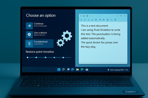 Laptop screen shows Windows recovery options on the left and a blue note document on the right. Laptop screen shows Windows recovery options on the left and a blue note document on the right.