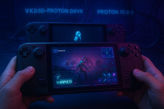 A handheld gaming device in the foreground plays a neon-lit sci-fi shooter.