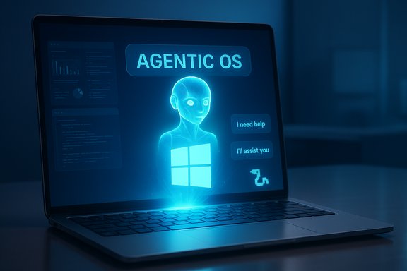 A glowing blue AI avatar on a laptop screen labeled 'AGENTIC OS' with help prompts. A glowing blue AI avatar on a laptop screen labeled 'AGENTIC OS' with help prompts.