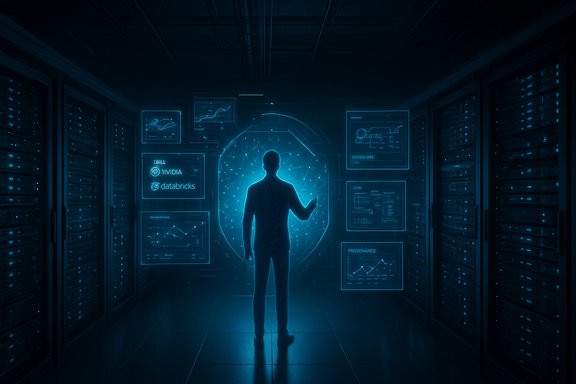 A silhouetted figure stands in a blue-lit data center, interacting with holographic dashboards.