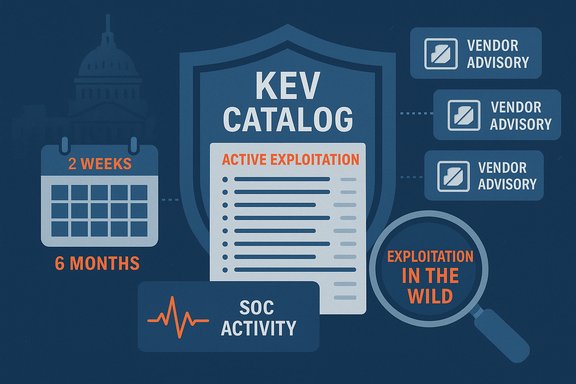 KEV catalog infographic highlighting active exploitation, vendor advisories, and SOC activity.