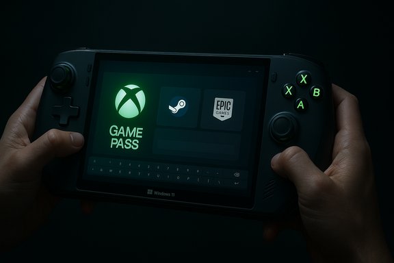 A handheld gaming console screen displays Xbox Game Pass, Steam, and Epic Games icons. A handheld gaming console screen displays Xbox Game Pass, Steam, and Epic Games icons.