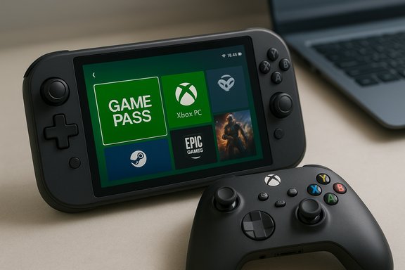 A handheld gaming console displays Game Pass tiles beside an Xbox controller. A handheld gaming console displays Game Pass tiles beside an Xbox controller.