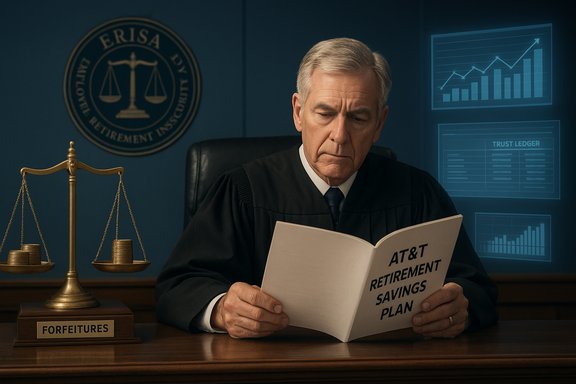 A judge studies the AT&T Retirement Savings Plan as the scales of justice and ERISA seal loom.