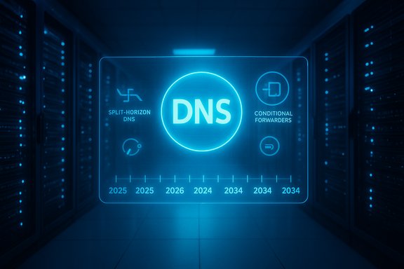 A futuristic data center with a glowing blue DNS hologram showing Split-Horizon DNS and conditional forwarders.